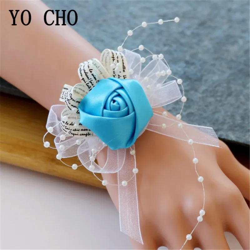 YO CHO 실크 플라워 커프 팔찌 신부 들러리 손목 Corsages 웨딩 Corsage 팔찌 신부 Corsages 웨딩 팔찌 여성용