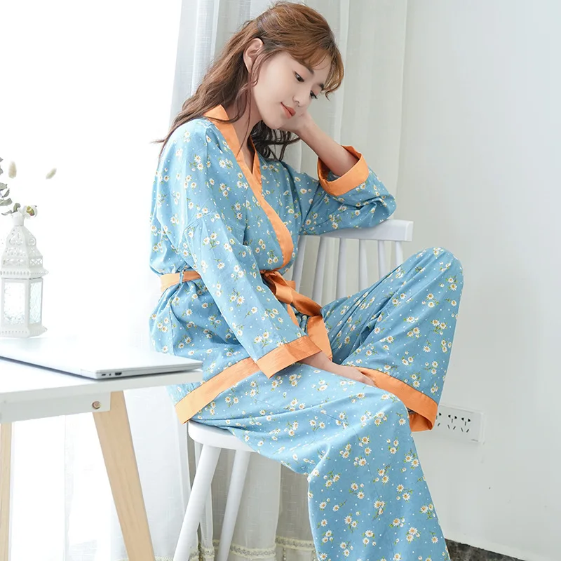

New Flower Printing Long Sleeve Pants Pajamas for Women V-Neck Polyester Pijama Mujer Loungewear Fashionable Sleepwear Home Set