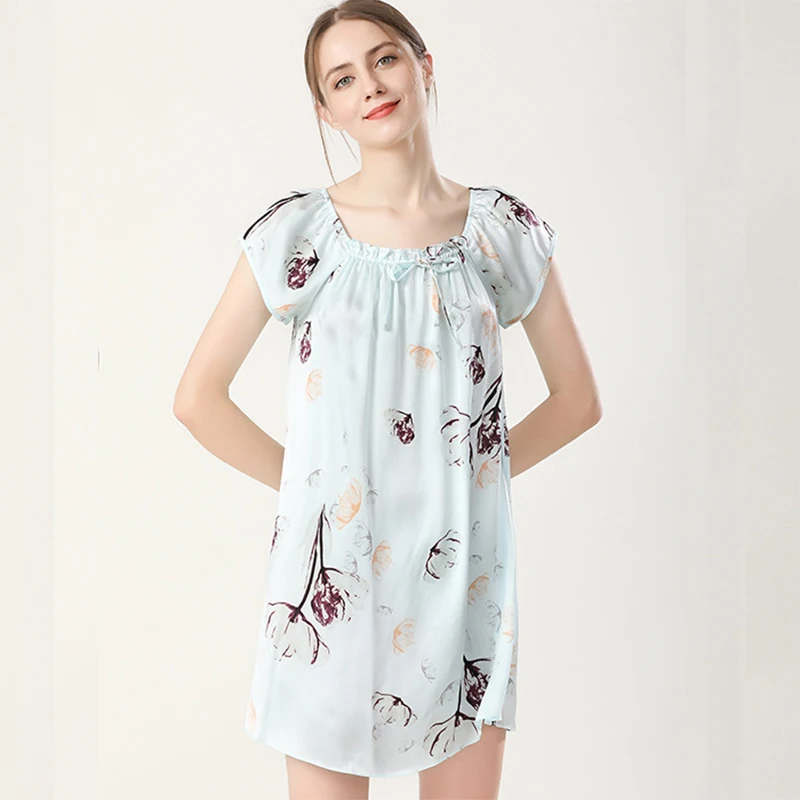 

100% Silk Nightgown Women with Short Sleeve Print Nightdress Relaxed Fit Ladies Nightie Sleepwear Satin Nightwear sp0169