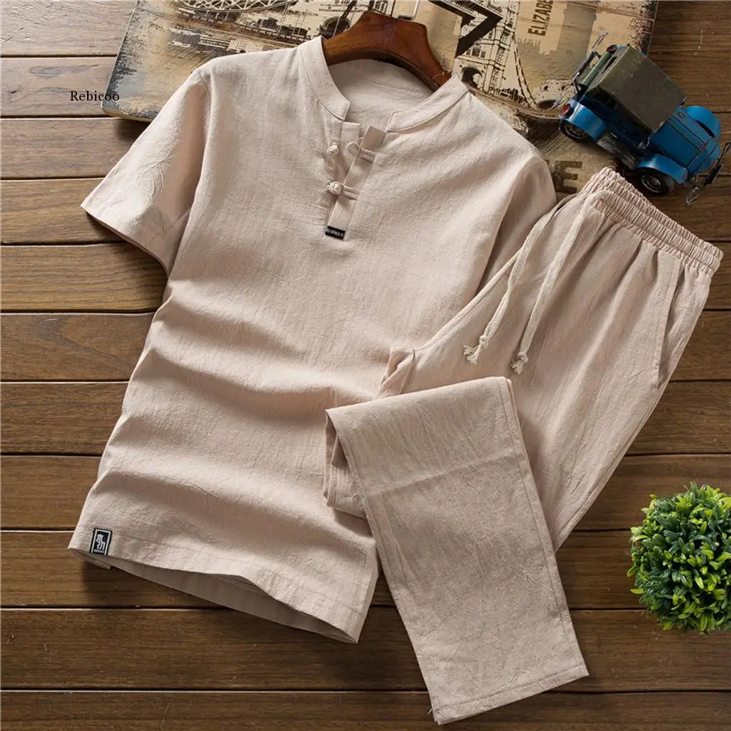 Summer Men Clothes Suit Men\'s Summer suit Large Size Loose Chinese  Cotton and Linen Short Sleeve T-shirt 2 piece Clothes