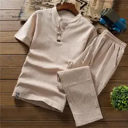 Summer Men Clothes Suit Men's Summer suit Large Size Loose Chinese  Cotton and Linen Short Sleeve T-shirt 2 piece Clothes