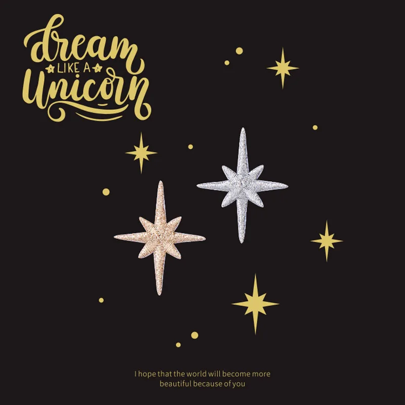 2PCS/Set Embroidered Champagne Silver Star Patches Applique Iron On Clothing Applique for Clothes Sweater Bags Patch DIY