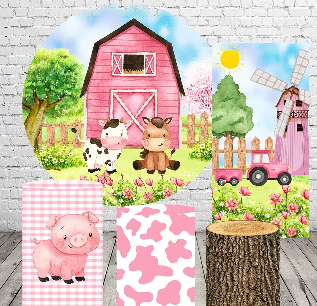 Pink Girl Farm Animal Round Circle Background Baby Shower Birthday Backdrop Kids Party Decor Table Plinth Covers