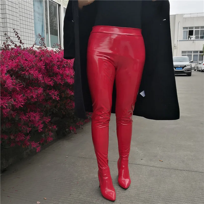 

Sexy Ladies Long Waist Pants Boots Women Patent Leather Waist High Chunky Heels Side Zip Female Club Extreme Long Thigh Botas