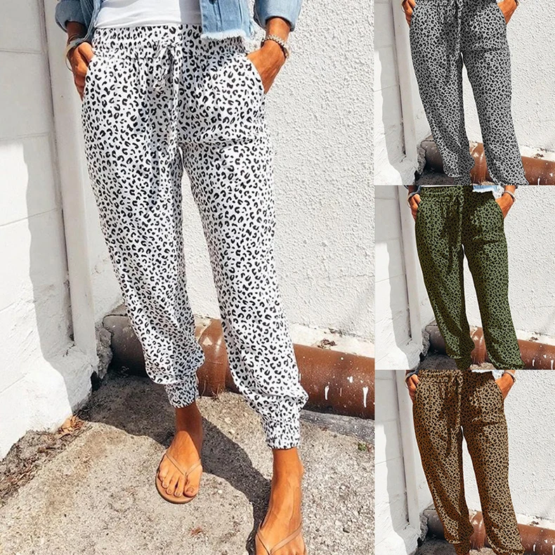 Pantalon crayon long imprimé léopard pour femme, à lacets, avec poches, streetwear, été, printemps, automne