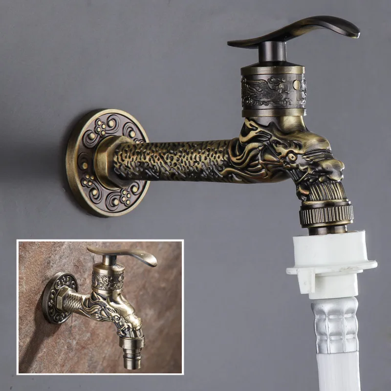 Lengthen Carved Wall Mount Garden Faucet Zinc alloy Retro Bibcock Decorative Outdoor Faucet Lengthen WashingMachine Mop Tap