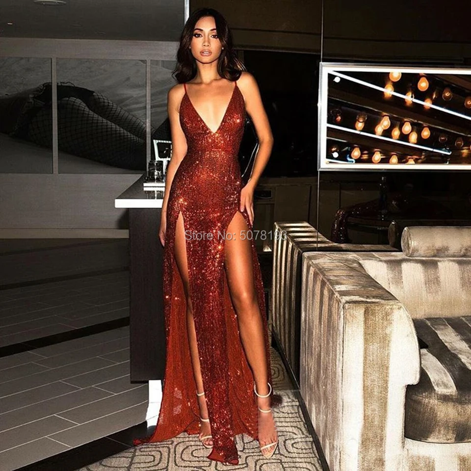 

9302 burgundy V-neck spaghetti-straps natural straight floor-length sequin evening dress/formal gowns backless free shipping