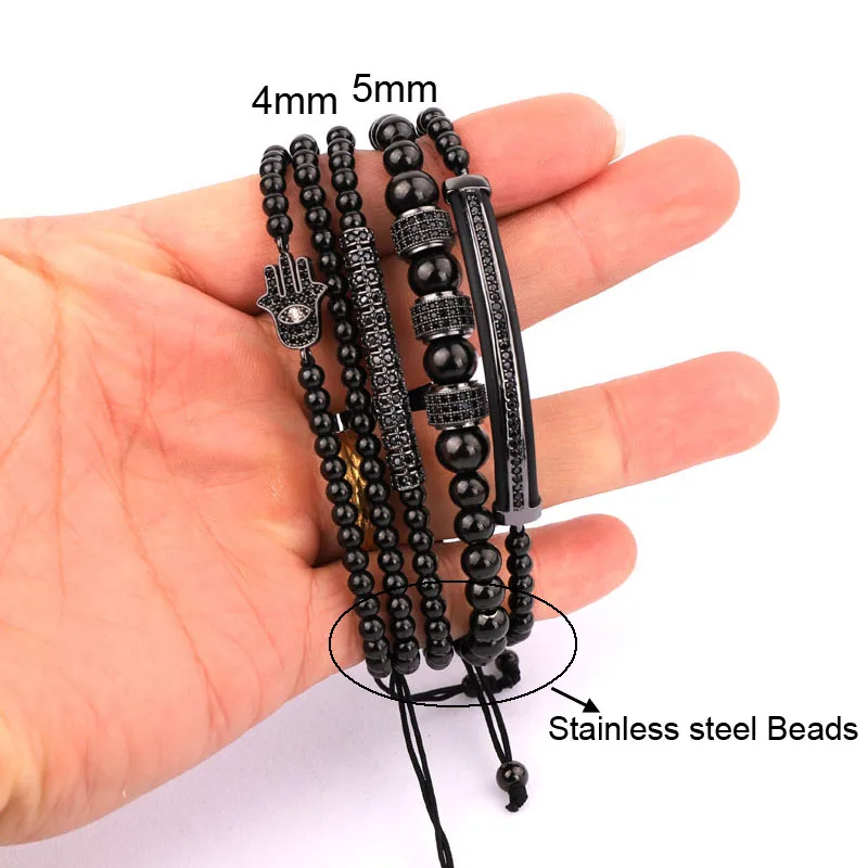JARAVVI High Quality Stainless Steel CZ Pave Charm Adjustable Beaded Bracelet Men