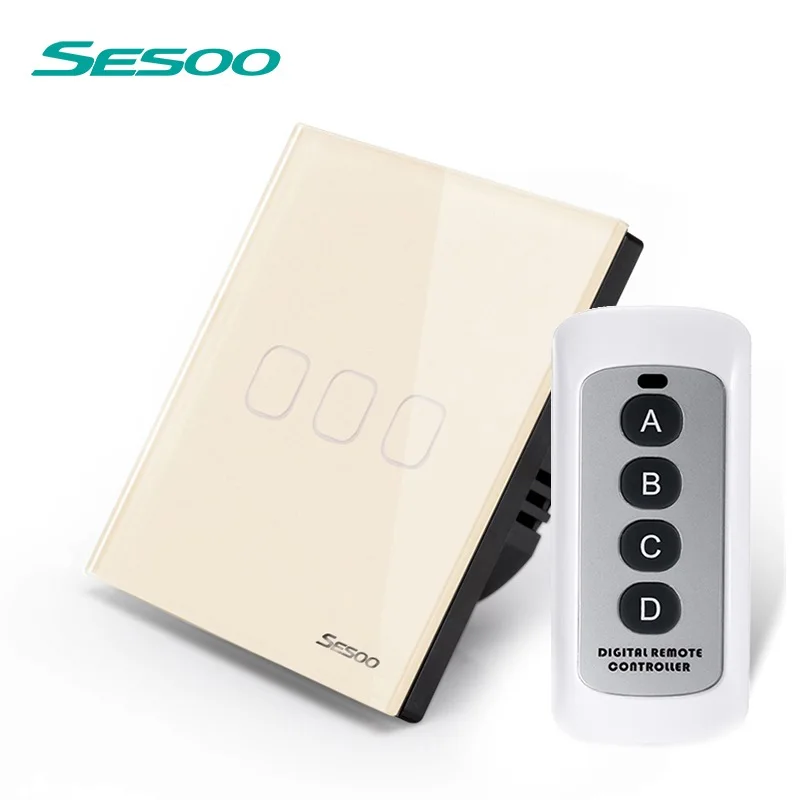 SESOO EU Standard ,RF433 50/60HZ Remote Control Switch, 3 Gang 1 Way,Wireless Wall Touch Switch,Crystal Glass Panel