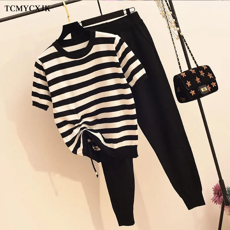 Summer Two-piece Set Sexy Women Striped Stitching Drawstring Short-sleeved Knitted Pants Suit Female Casual Suits