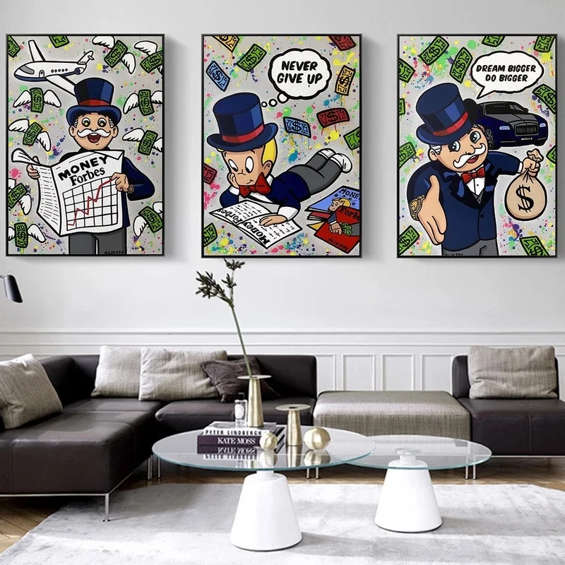 Graffiti Art Old Man and Kids Alec Monopoly Money Poster Painting Canvas Print Wall Art Picture for Living Room Home Decoration