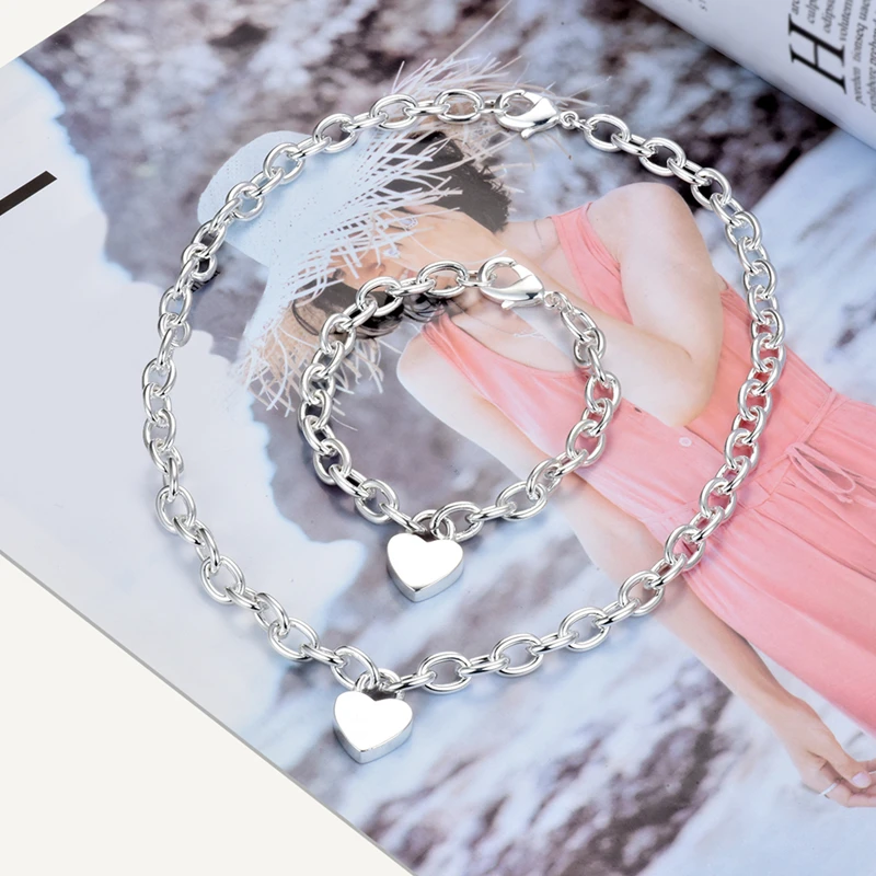 Silver Plated Jewelry Sets for Women Heart Lock Pendant Necklace Bracelet 2 pcs Set Trendy Accessories Gifts