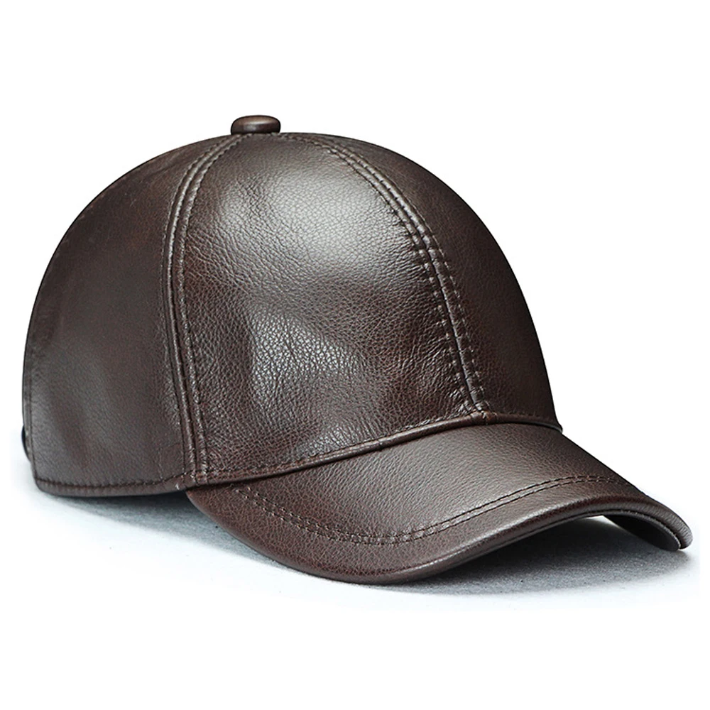 Men Real Cowhide Leather Earlap Caps Male Fall Winter 100% Real Cow Leather Hats New Casual Real Leather Outdoor Baseball Cap