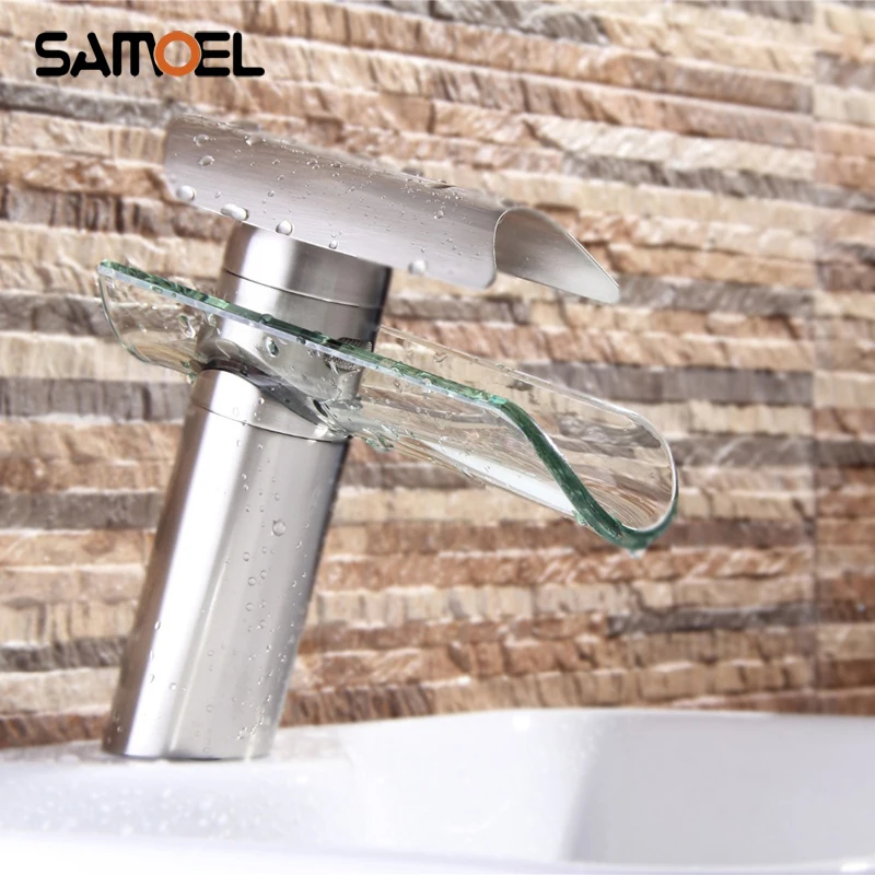 

Deck Mount Brass Glass Waterfall Bathroom Sink Faucet Single Hole Brushed Nickel Basin Water Mixer Tap NL712