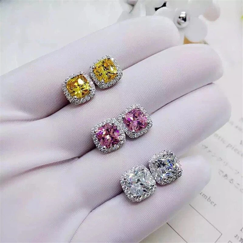 CAOSHI Luxury Women\'s Stud Earrings for Party Dazzling Pink/White/Yellow Zirconia Accessories Exquisite Design Jewelry Chic Gift