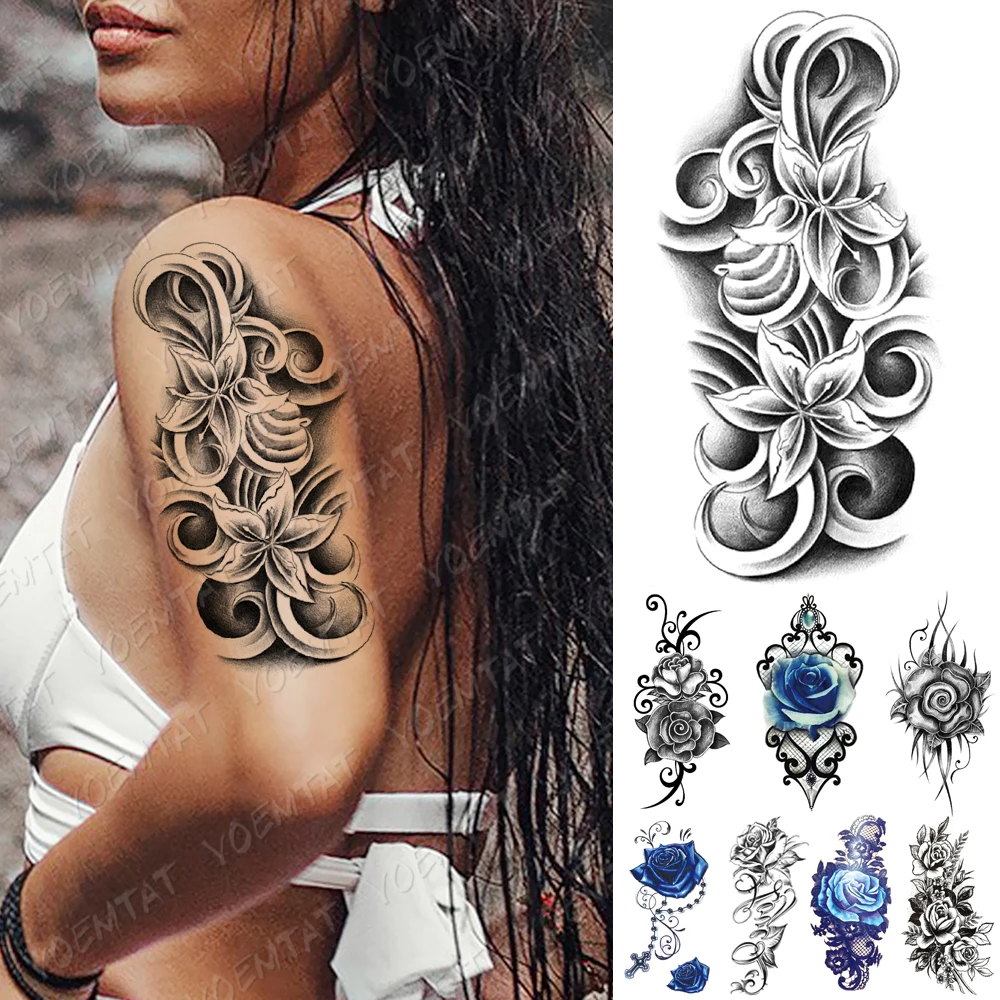 

Waterproof Temporary Tattoo Sticker Sketch Lily Blue Rose Tattoos Totem Flower Rosary Body Art Arm Fake Sleeve Tatoo Women Men