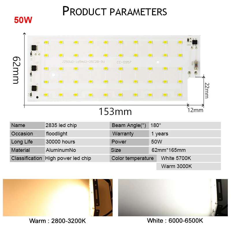 Chip LED de 220V, 50W, SMD 2835, reflector IC inteligente, iluminación de foco, cuentas de lámpara, farola de inundación, iluminación exterior