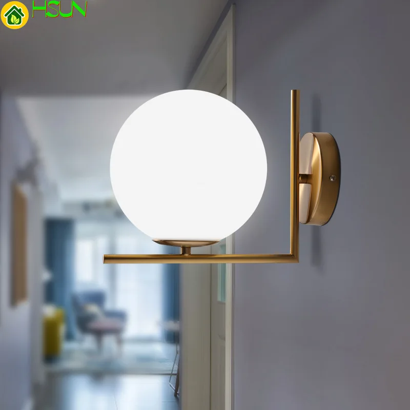 

Reading Led Wall Lamp Modern Frosted Glass Ball Wrought Iron Metal Bronze Globe Lights Fixture Door Corridor Foyer Aisel Stair