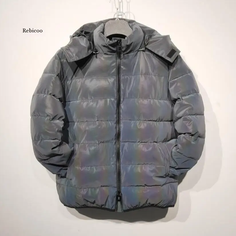 Chaqueta reflectante para hombre y mujer, ropa de calle de Hip-Hop, Parka con capucha deslumbrante y ligera para bailar, de invierno