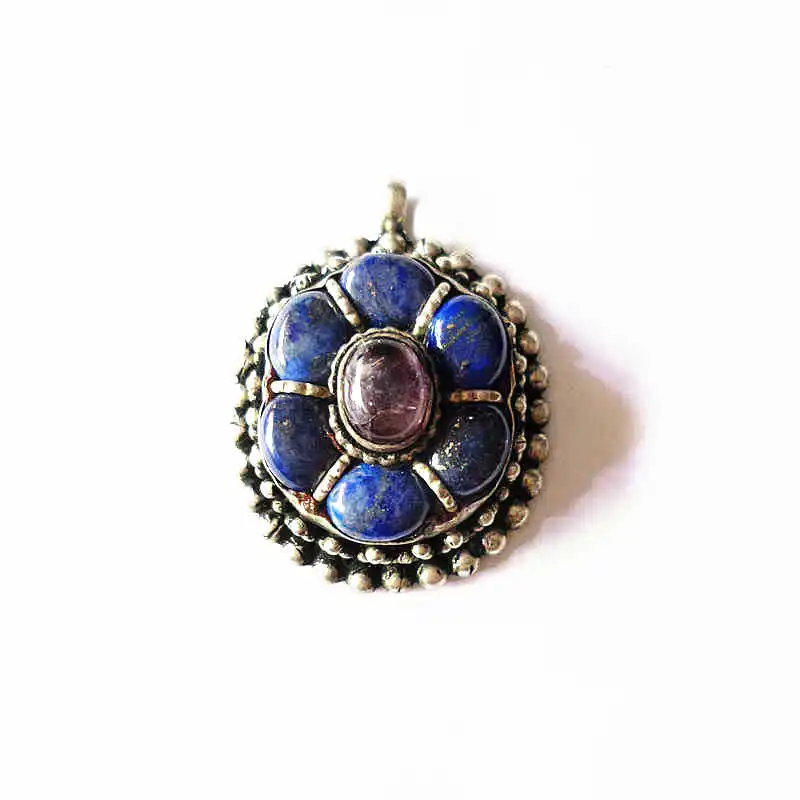 Tibetan Pendants Copper Inlay Blue Lapis Lazuli Flower Pendant Vintage Jewelry Multi Stone Beads TBP262