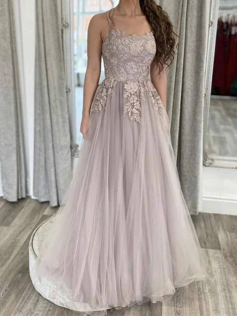 Light Grey Tulle Evening Dress with Lace Appliques Beads Double Spaghetti Straps A-line Long Prom Dresses for Formal Occasions