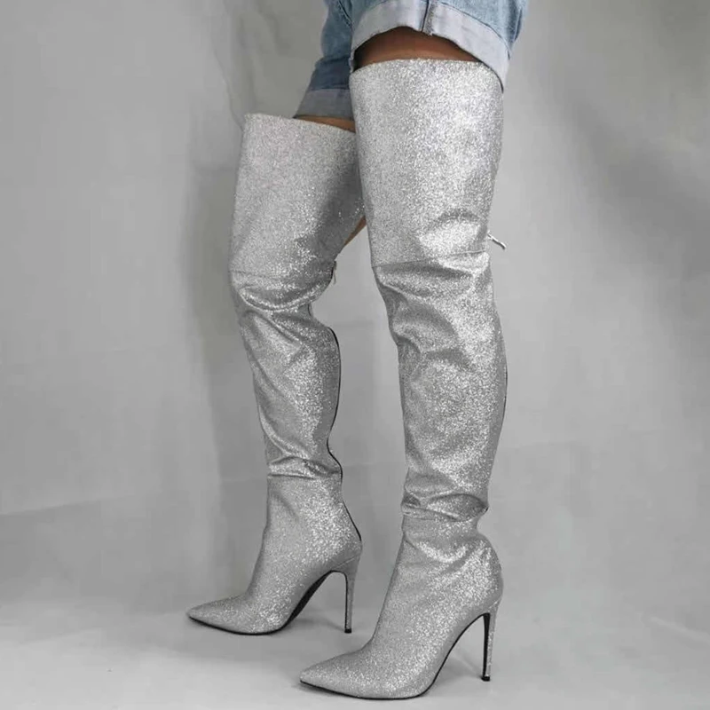 Customized Luxury Dazzling Silver Color Bling Back Zip Long Women Thigh High Boots Big Size 43 Fashion Boots Over The Knee