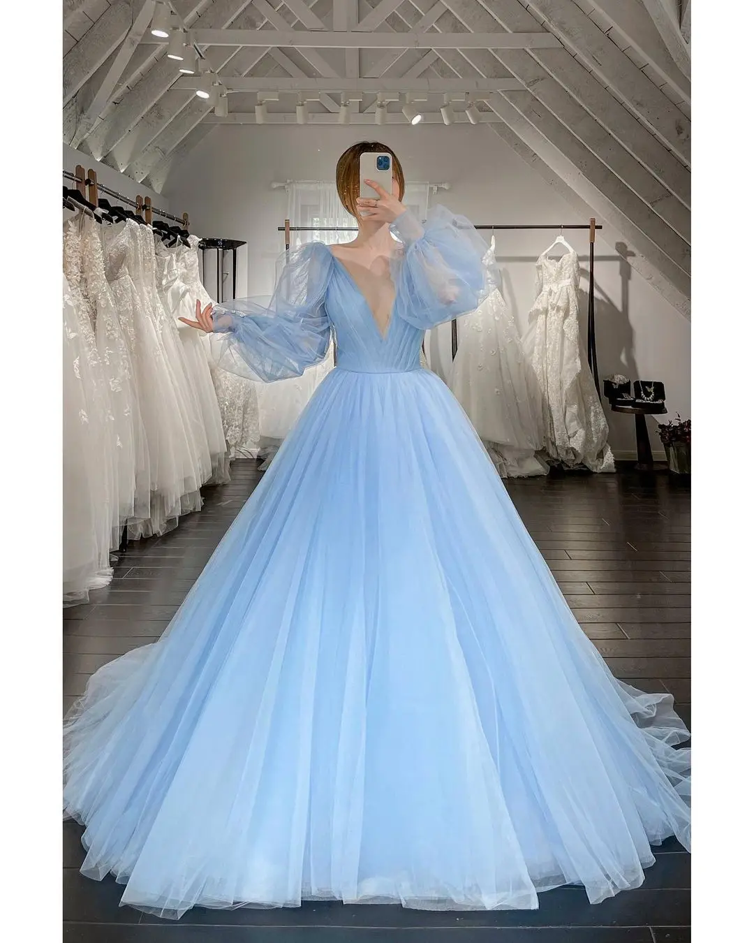 Light Sky Blue Prom Dress Fluffy Tulle Floral Dress With Train V Neck Elegant Women Evening Dresses Long Dress Ever Pretty