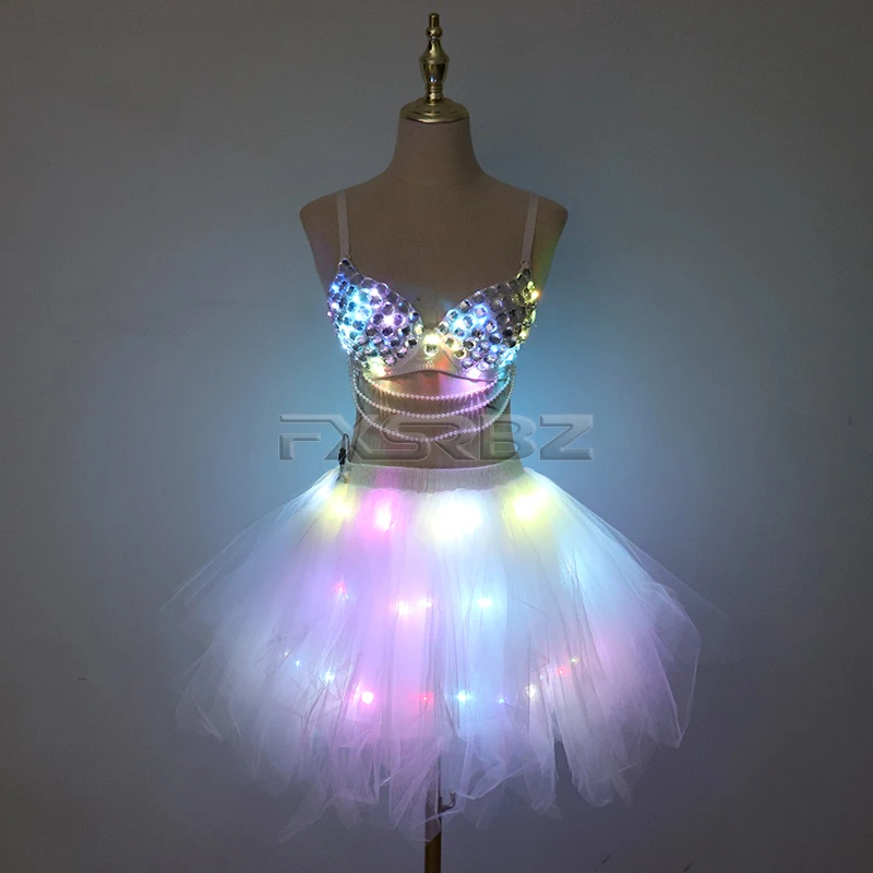 New LED Bra Tutu Skirt Colorful Flash Diamond Bra Belly Dance LED Skirt Christmas Dance Party Sexy Girl Light Up Costume