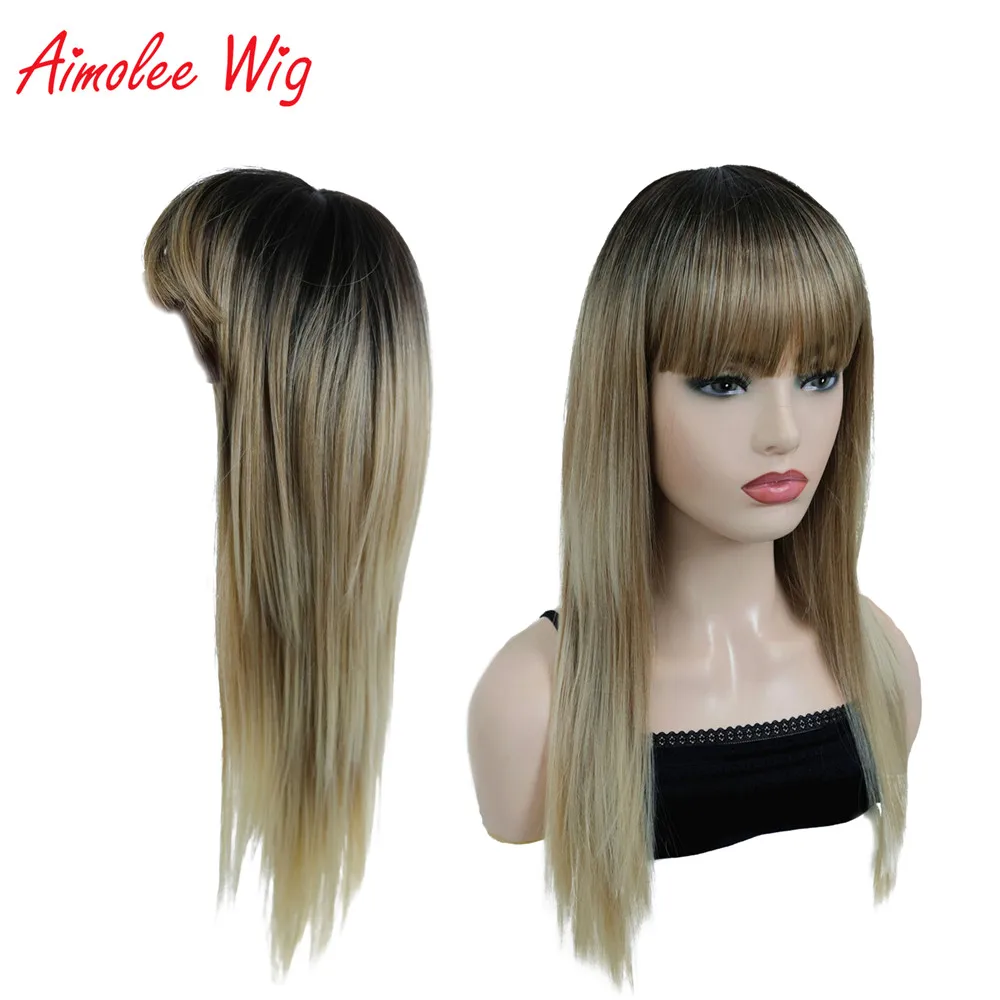 Aimolee Women's Synthetic Wigs Hair Matte Ombre Long Straight Neat Bang Style Natura Wig Blonde Mix