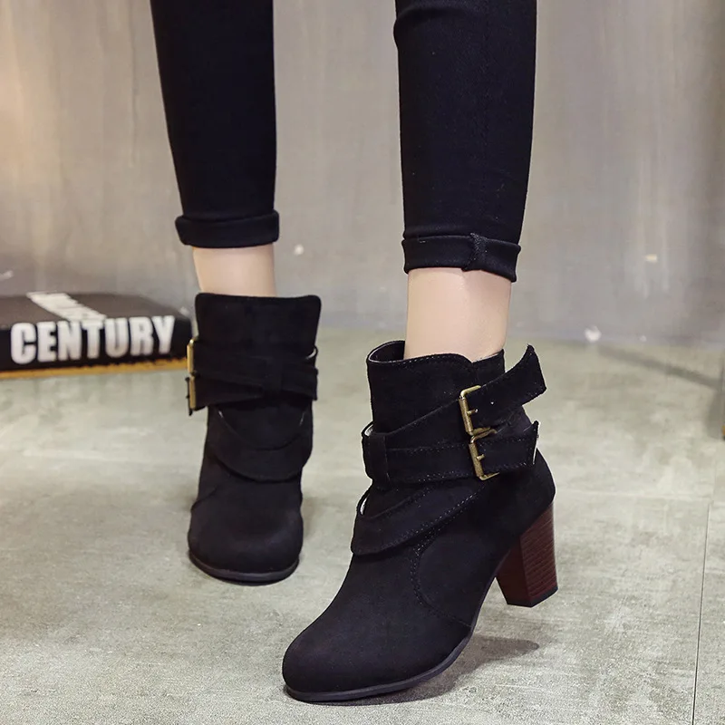 Autumn Chunky Heel Women Boots Retro Ankle Boots belt buckle Female Shoes vintage Round Toe Casual High Heels  boots