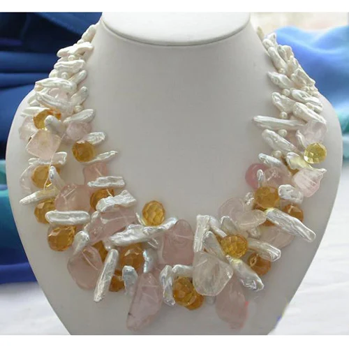 Handmade Real Pearl Necklace 3rows White Biwa Freshwater Pearl Citrine Drip Pink Rose Quartz Beads Fine Jewelry Party Women Gift