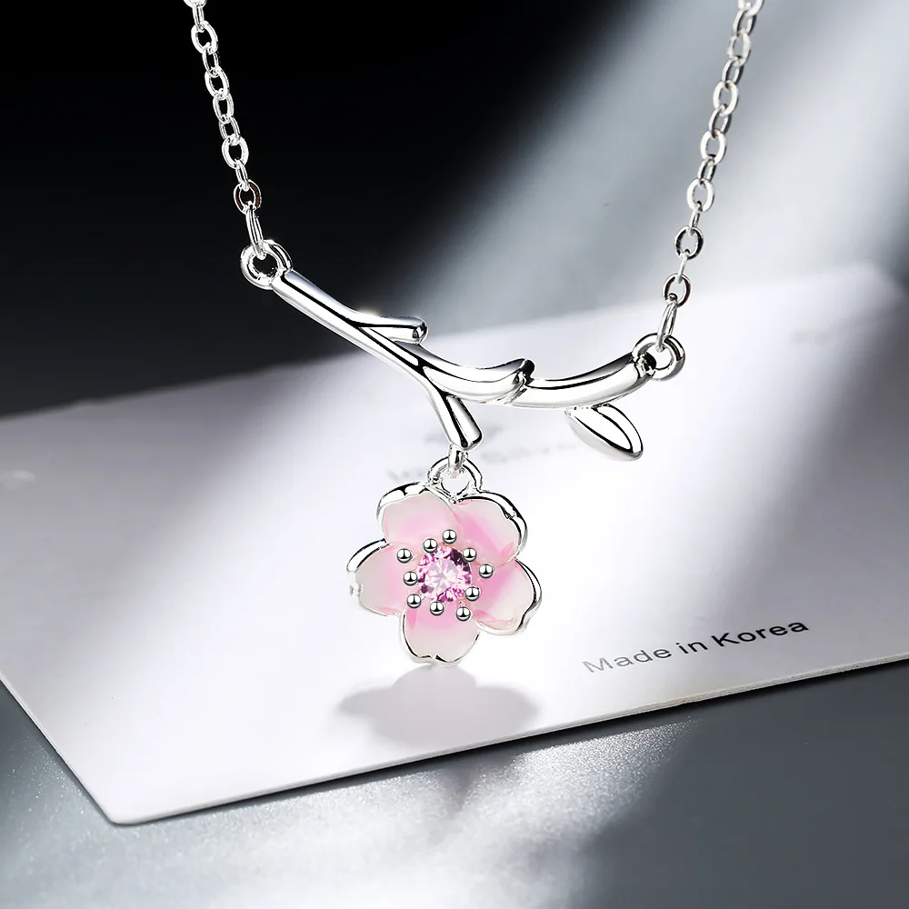 Hot Sale Cherry Blossoms Necklace  silver color Sakura Flower Necklaces & Pendants Chain Choker Necklace Jewelry Collar