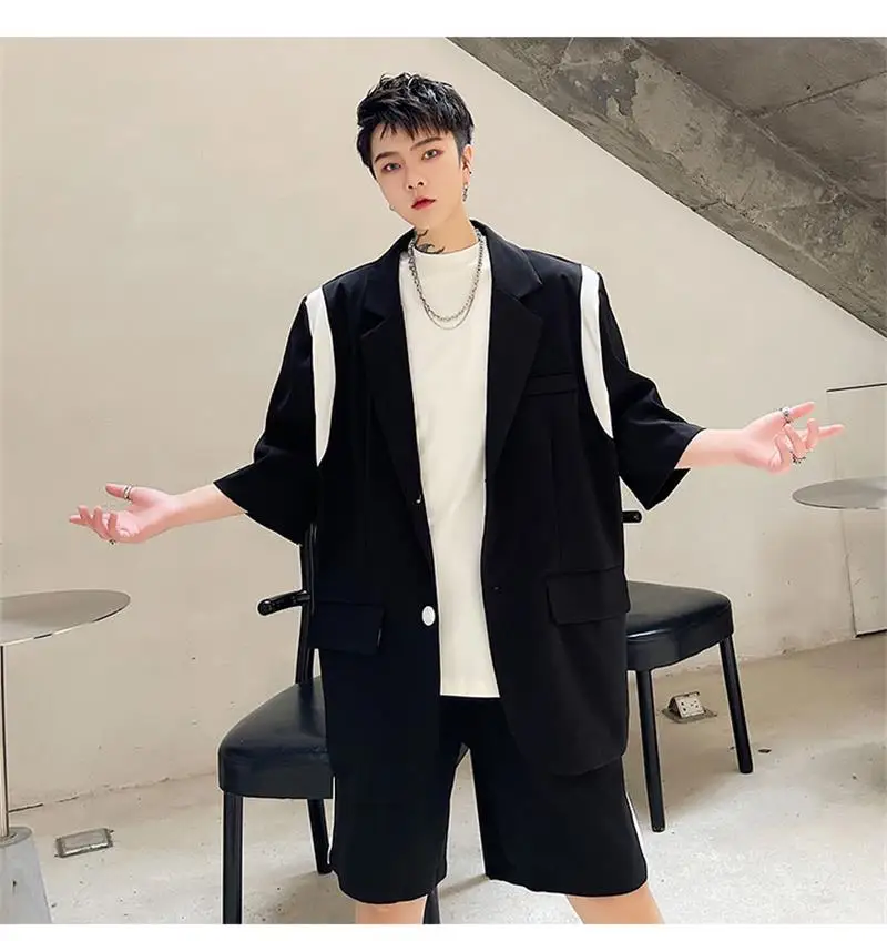 Summer personalized color contrast splicing Korean men's short sleeve suit hairstylist youth Suit Shorts two piece set