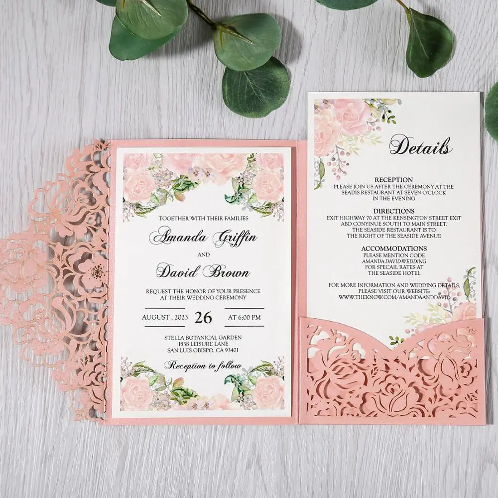 

50pcs Pink Laser Cut Floral Invitation Cards for Wedding / Party / Quinceanera / Anniversary / Birthday, CW0008