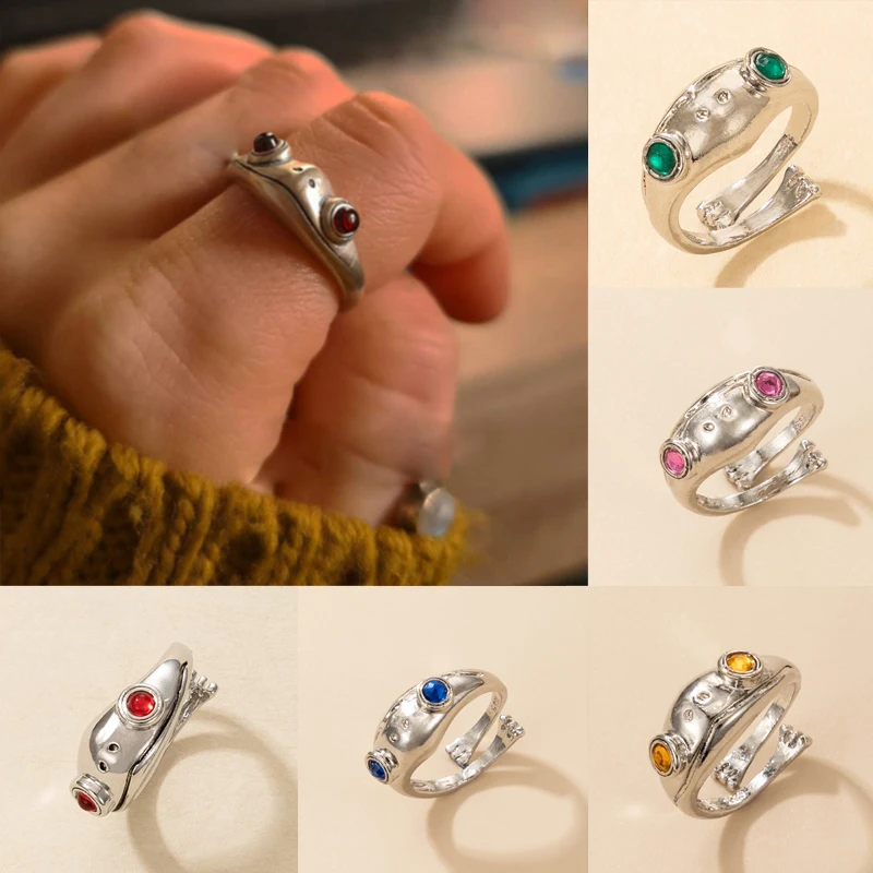 Tocona Colorful Stone Frog Single Rings for Women Men Geometry Alloy Metal Gold Silver Color Wedding Ring Jewelry Party Gifts