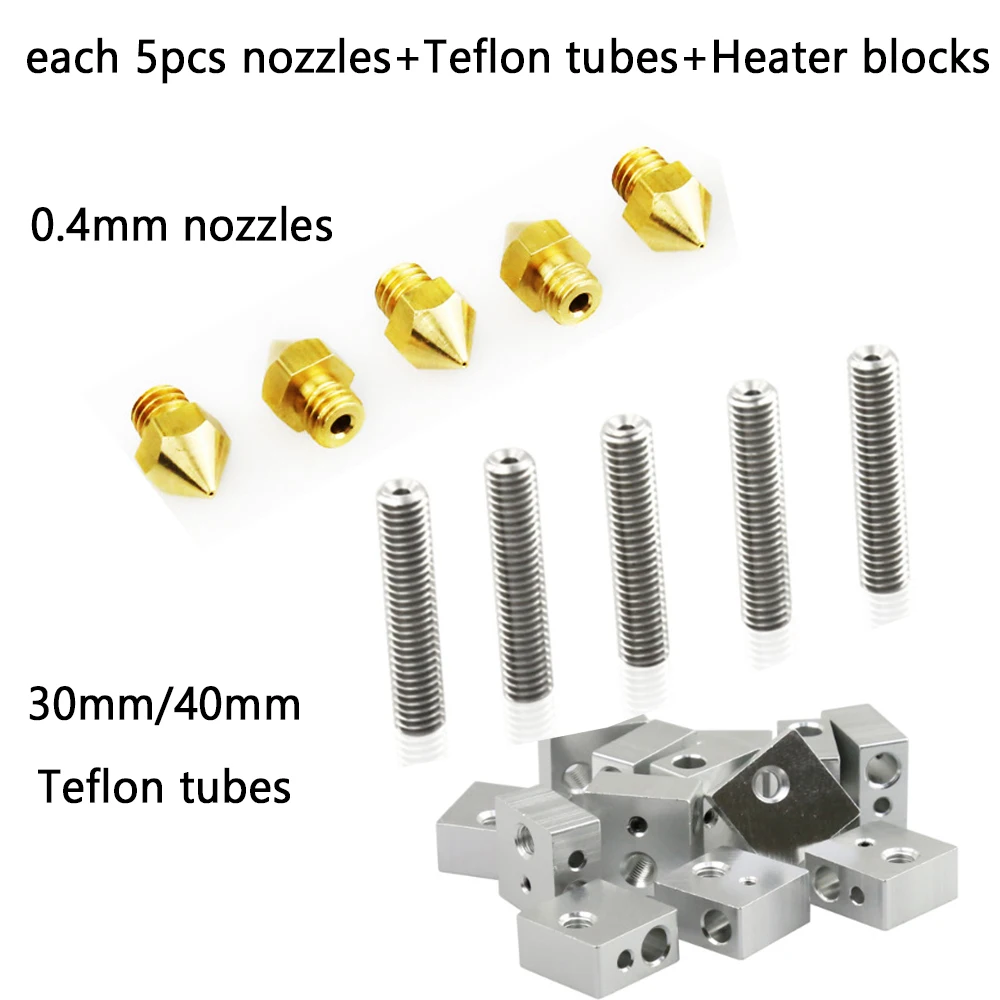 Anet Each 5pcs 0.4mm Nozzles Heads+30mm/40mm 1.75MM Throat Tubes+Heater Blocks Hotend for MK8 A8 A6 E10 E12 ET4 3D Printers