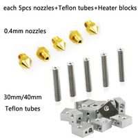 Anet Each 5pcs 0.4mm Nozzles Heads+30mm/40mm 1.75MM Throat Tubes+Heater Blocks Hotend for MK8 A8 A6 E10 E12 ET4 3D Printers