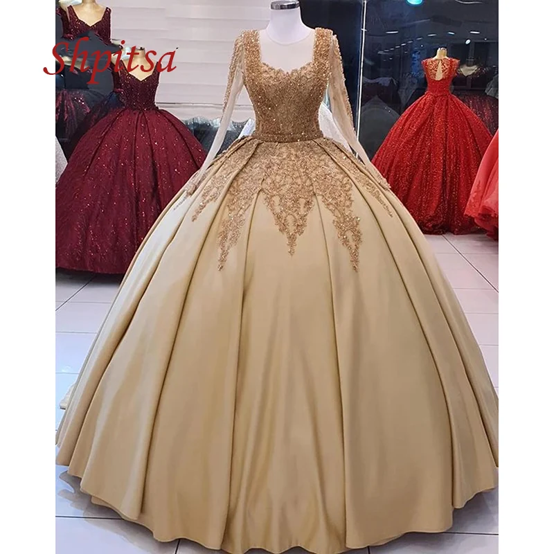 Champange Luxury Long Sleeve Quinceanera Dresses Ball Gown Girls Princess Satin Prom Masquerade Sweet 16 Dresses for 15 Year