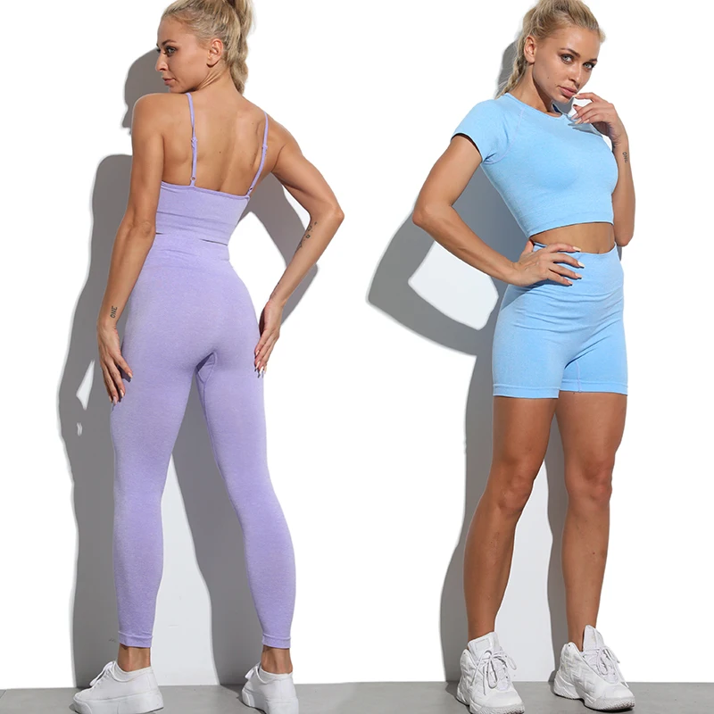 Yoga Set Workout Seamless Women\'s Sportswear Gym Clothing Sports Suits Fitness Short Sleeve Crop Top High Waist Running Leggings