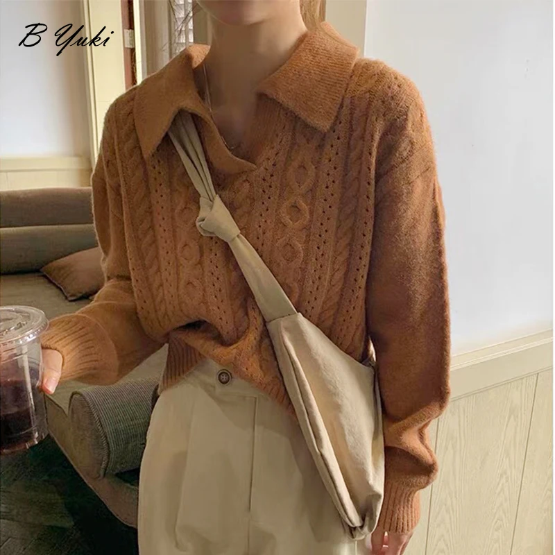 

Blessyuki Elegant Solid Lapel Knitted Sweater Women Oversized All-match Long Sleeve V-neck Cute Twist Pullover Sweater Female