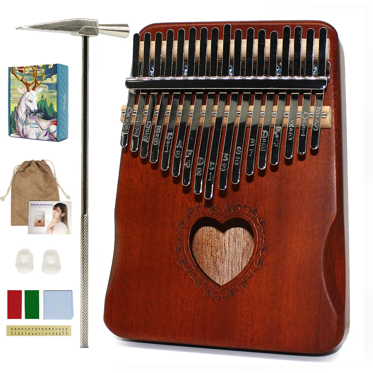 Kalimba 17 key Thumb Piano High Quality Wood Mahogany Mbira Body Musical Instruments Africa Kalimba Cute Heart Shape Cartoon Cat