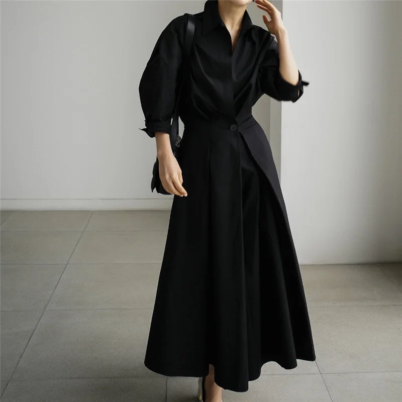 LANMREM Women\'s Clothing Long Dress Turn Down Collar With Button Pockets Loose Casual Dresses Female Streetwear Fashion 2C2019