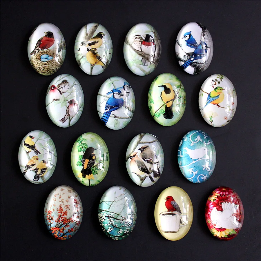 13x18mm 18x25mm, 30x40mm Random Mixed Bird Flowers Tree  Oval Glass Cabochon Flatback Photo Base Tray Blank DIY  Accessories
