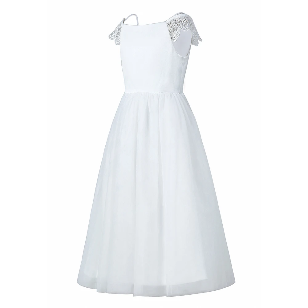 Vestido longo de renda para meninas, vestido branco de princesa elegante e simples de comunhão para casamento