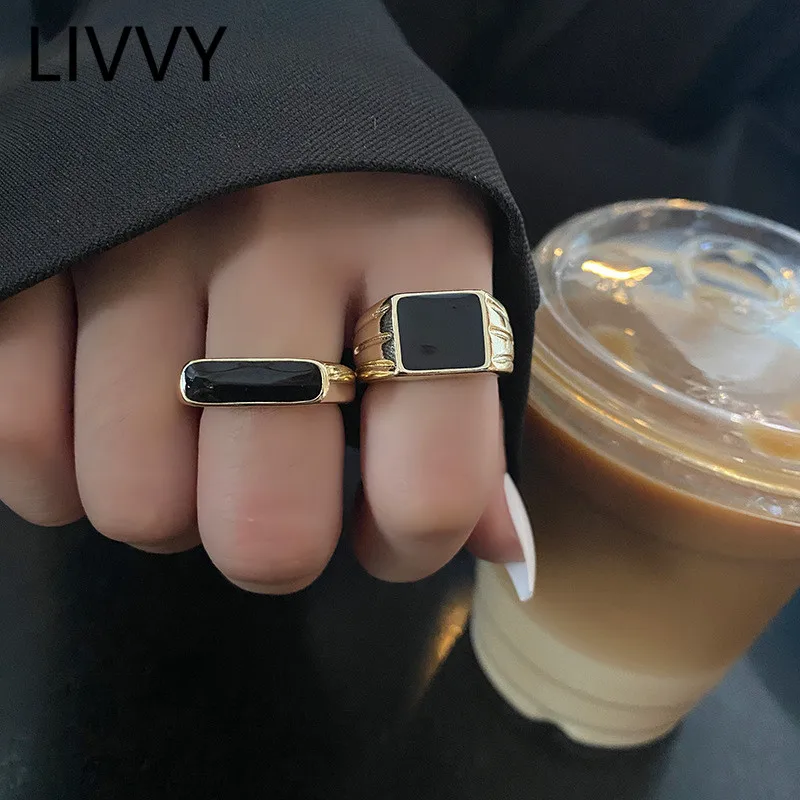 LIVVY Fashion Vintage Black Square Wide Open Adjustable Ring For Women Creative Fashion Temperament Party Jewelry Gifts