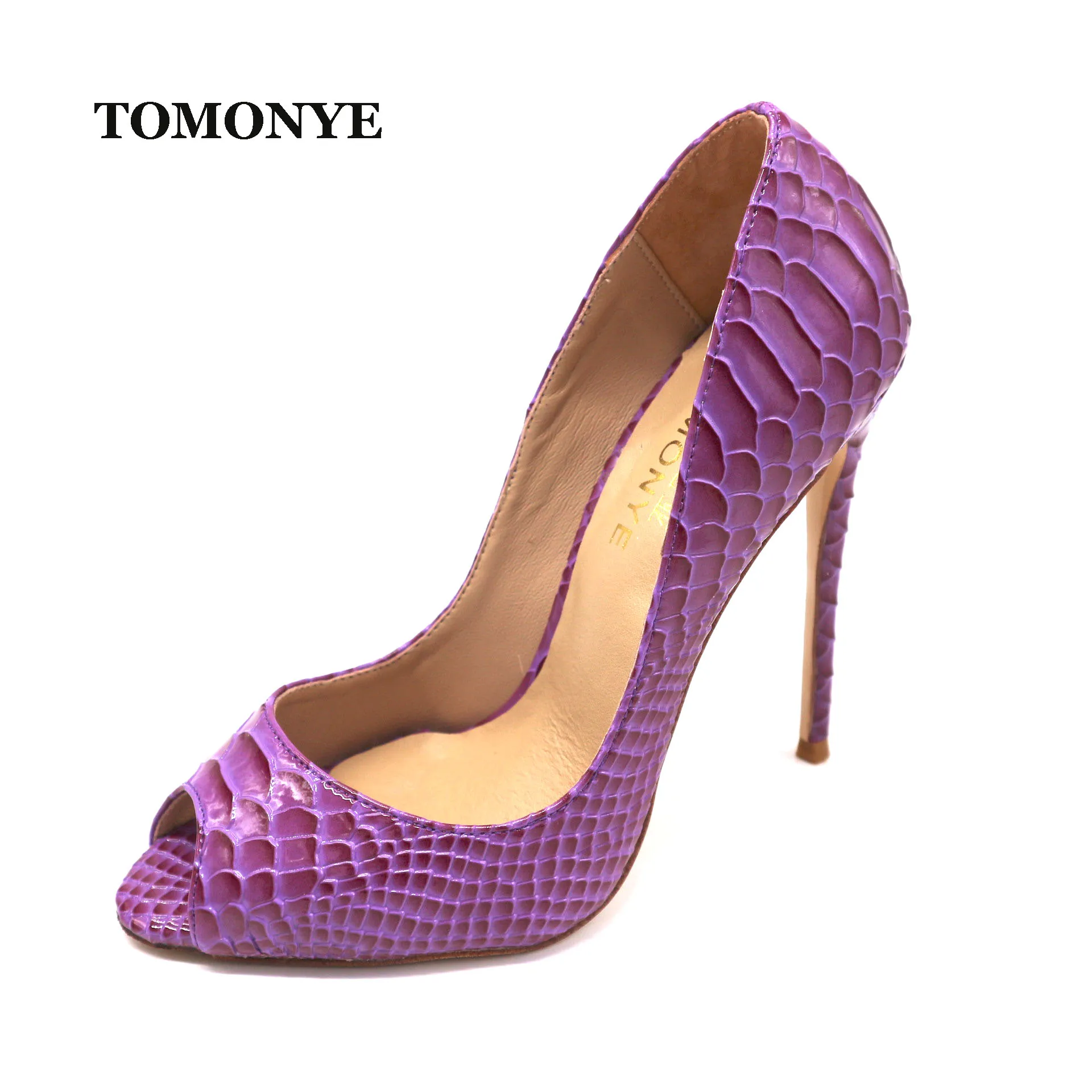 TOMONYE purple patent python snake peep toe women lady female evening 120mm high heel shoes pump custom made size 33 34 45 46