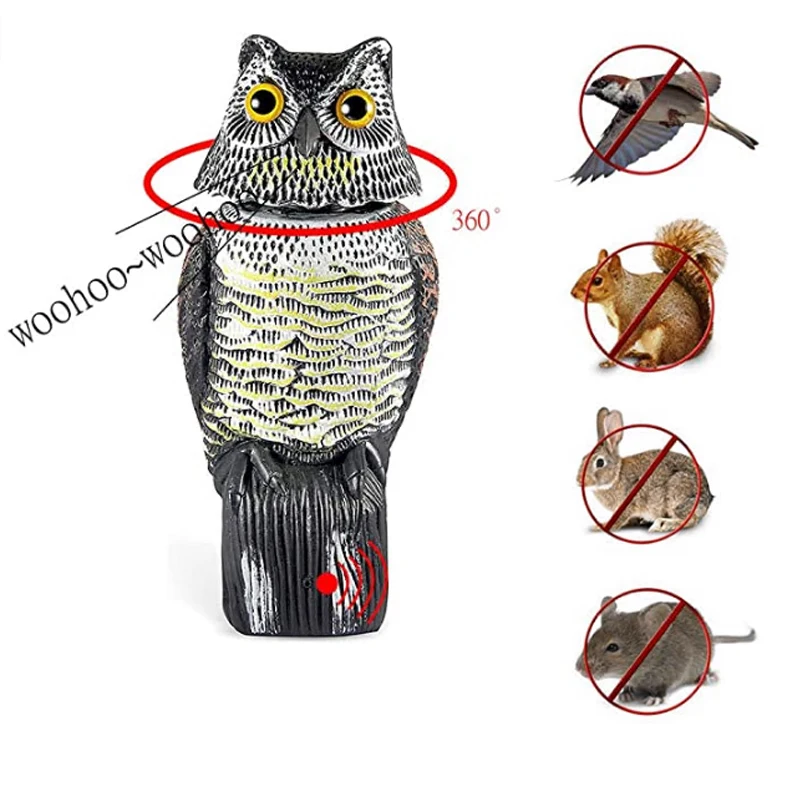 

Owl Decoy 360 Rotate Head Owl Decoy Statue Realistic Scary Sounds Shadow Fake Owl Outdoor Pest Bird Repellent Garden Decoration