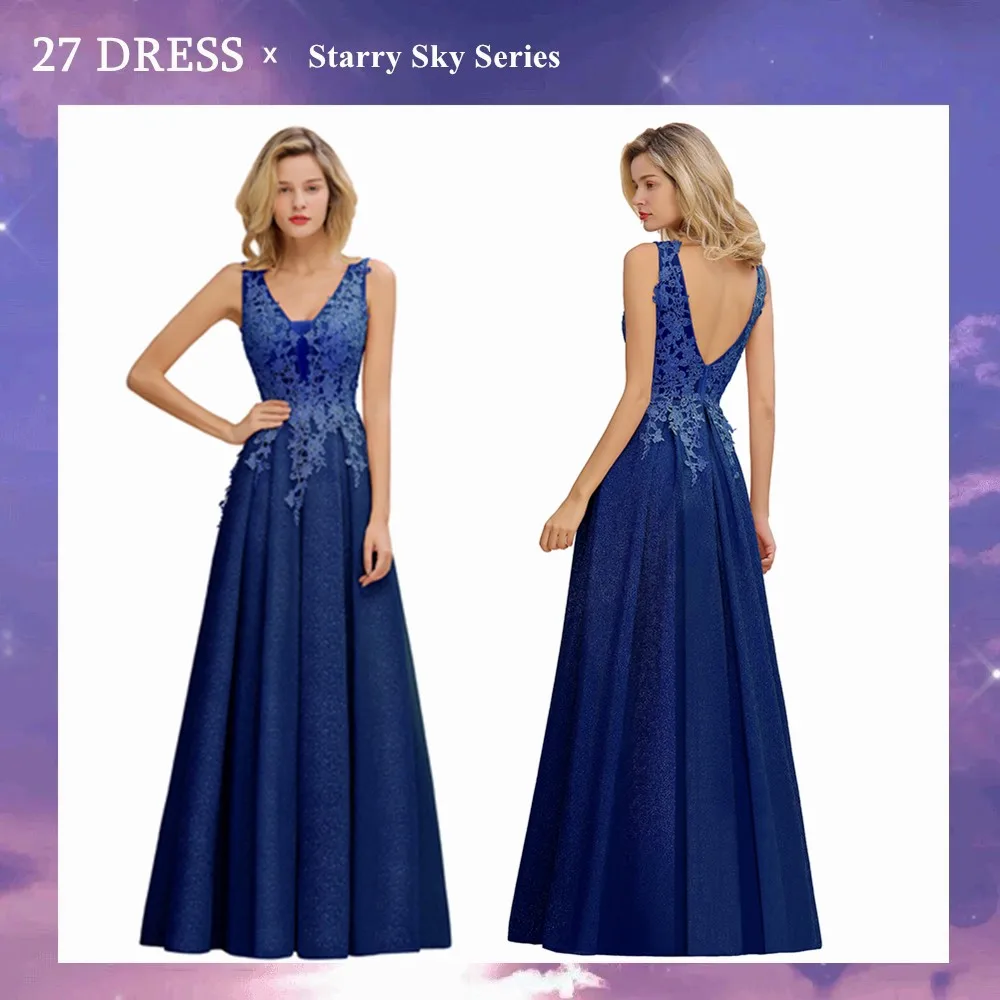 Royal blue Long Lace Bridesmaid Dresses V-neck Sexy Women Vestido Wedding Party Dress robe de soirée de mariage vetement femme