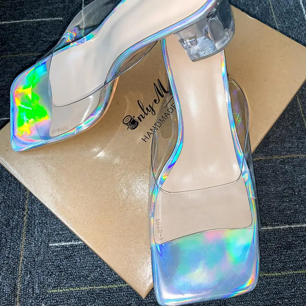 Onlymaker Women Colorful Square Open Toe Clear Crystal Chunky Square Heels Sandals Mules Mid heels Shoes Low Heels