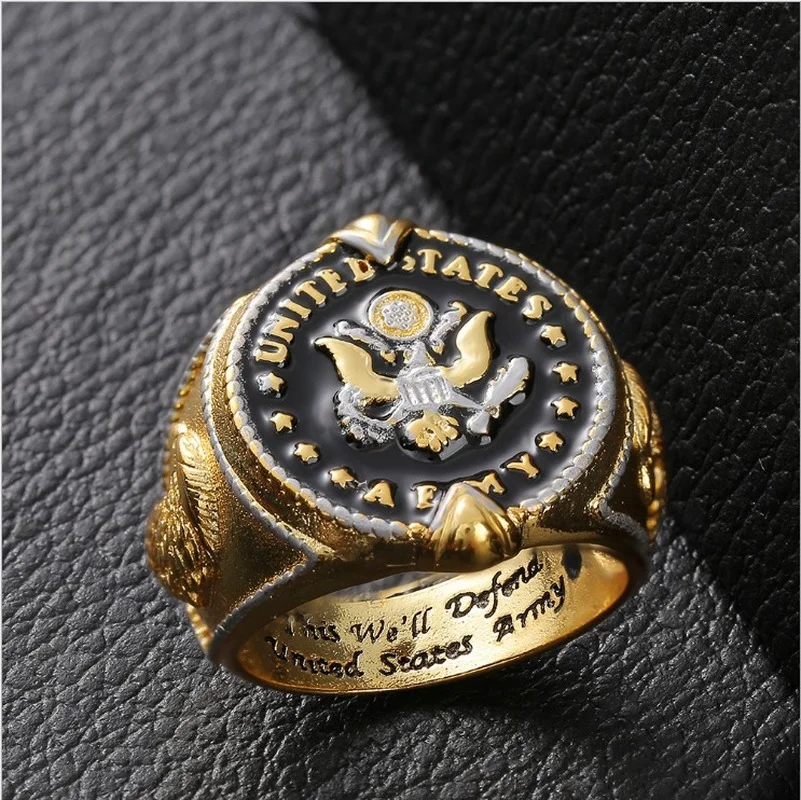 2024 Trend US Federal Army Badge This We\'ll Defend Two-Tone Men\'s Ring Cool Stuff Male Ring Gothic Accessories Mens Jewelry